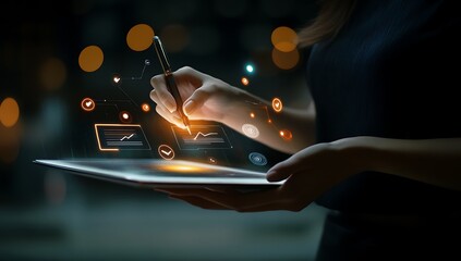 Businesswoman signing digital document on tablet futuristic interface for modern technology concept