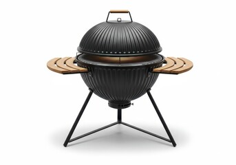 Black kettle grill with wooden side tables on a white background ready for summer cooking