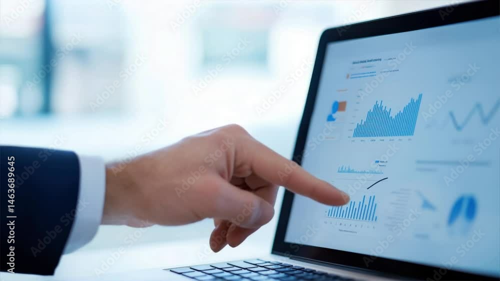 Poster a business professional analyzes data on a laptop, focusing on graphs and charts for informed decisi