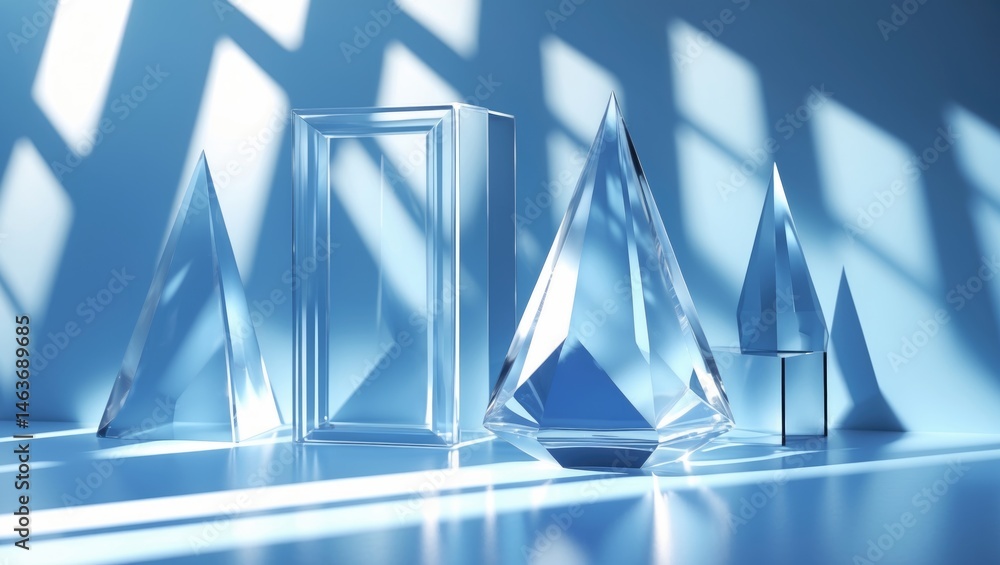 Poster light refraction and shadow patterns in transparent cubes and prisms on a creative blue background.