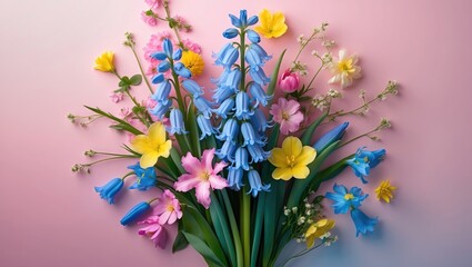 Pink background floral arrangement of spring wildflowers including bluebell, buttercup, and red campion.