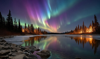 Obraz premium Colorful northern lights reflecting on a calm lake at night with trees