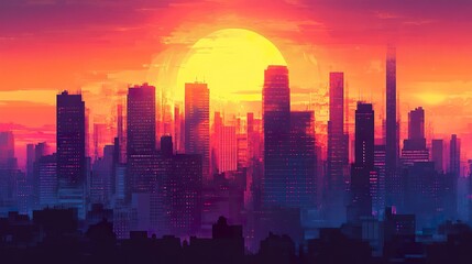 Fototapeta premium The setting sun creates dramatic silhouettes of a bustling city skyline, tall buildings outlined against a fiery sky blending red, orange, and purple tones 