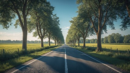 Fototapeta premium Empty asphalt road passing through meadows and forests under a bright summer sky for a car trip adventure