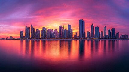 Obraz premium The skyline of a modern city bathed in the vibrant hues of a setting sun, tall buildings creating striking contrasts against the colorful evening sky 