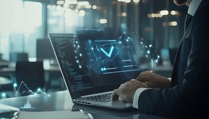 Businessman using laptop with futuristic interface representing technology and data analysis