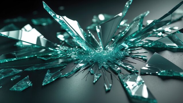 Broken glass pieces with abstract design and damage details