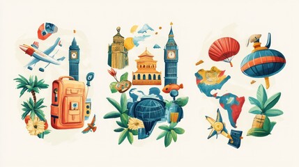 Colorful travel-themed illustration featuring landmarks, nature, and adventure elements