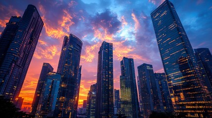 Fototapeta premium The sun sets behind towering skyscrapers, painting the sky with warm colors as the city below transitions into evening