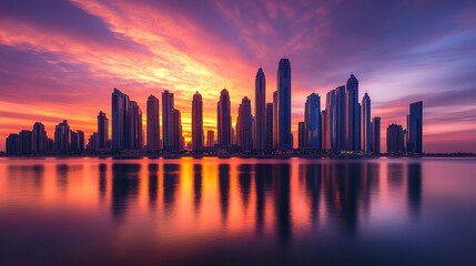 Fototapeta premium The sun's warm light reflecting off towering skyscrapers as it sets, casting the city in a tranquil glow with a fiery sky above; medium shot, vivid colors, contemporary tranquility. 