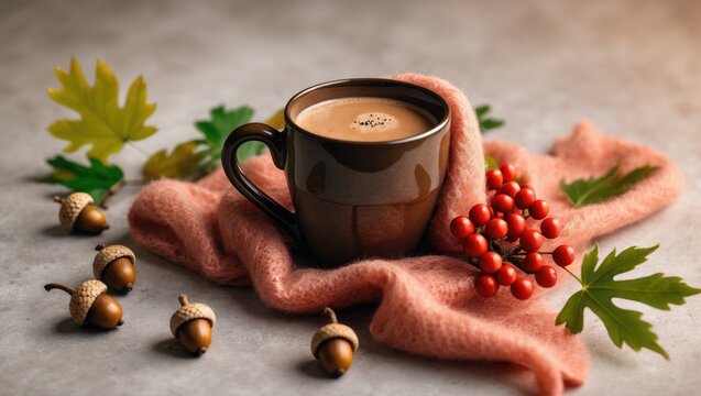 Fototapeta Cozy autumn theme with coffee in a mug, surrounded by oak leaves, acorns, rowan twig, and blank paper