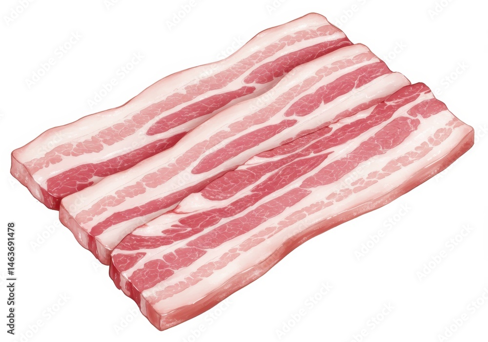 Poster three slices of uncooked bacon with visible fat marbling on a white background