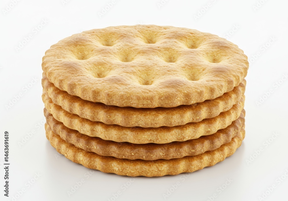 Poster stack of round crackers on a white surface, showcasing their texture and golden color