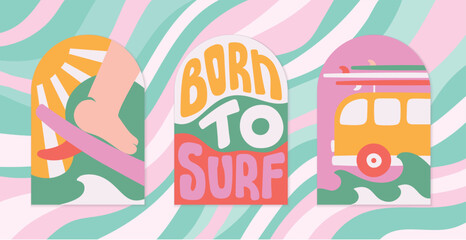 Bright retro style surf card, banner template. Modern abstract summer illustration, quote Born to surf, ocean waves, van vector cover, print © Purrga