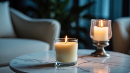 Decorative aromatic candle in glass on white marble surface creating a romantic and calming mood with a sofa background in the evening