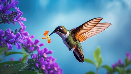 Fototapeta premium Tiny hummingbird moth collecting nectar from flowers under a bright sky