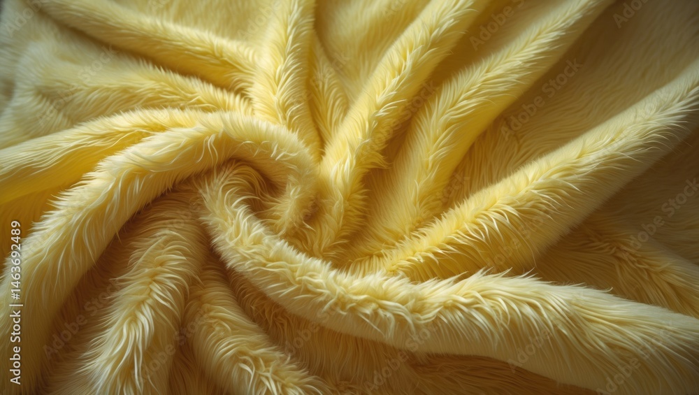 Poster detailed view of soft yellow fluffy fabric with long pile and textured surface