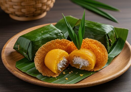 Kue bugis mandi and kue cucur served on a wooden plate with banana leaves