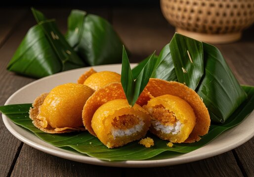 Malaysian kuih akok and kuih koci on plate with banana leaf