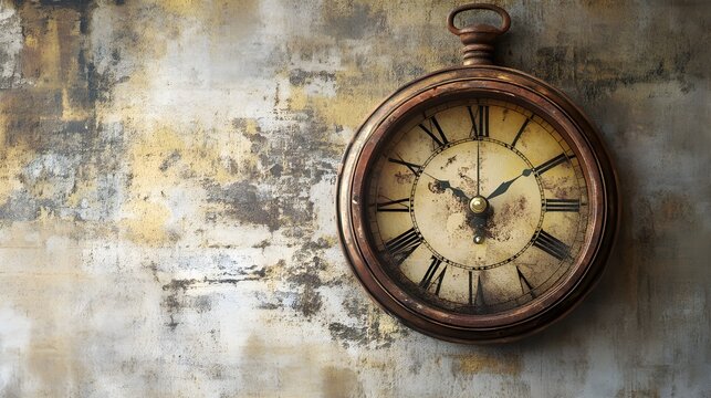 Aged Industrial Clock, Distressed Metal Finish, Roman Numerals, Rustic Timepiece, Steampunk Aesthetic, Vintage Appeal, Antique Decor, Weathered Patina, Unique Wall Art, Historical Charm.