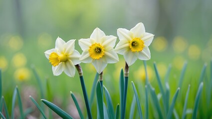 Spring pattern featuring three daffodils in a meadow on a light green backdrop, showcasing a beautiful and artistic floral illustration.