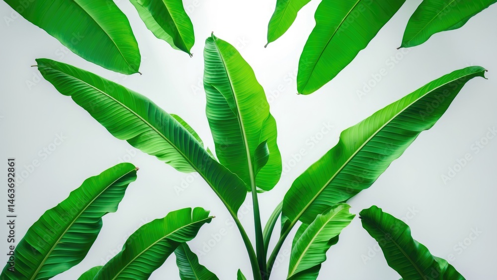 Poster top-down view of an isolated banana leaf on white background suitable for design, featuring green fo