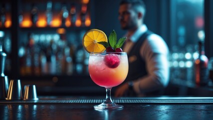 Refreshing fruit cocktail with alcohol served at a bar, featuring a bartender and festive drinks