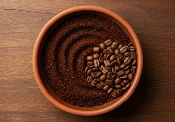 Coffee beans and grounds in a terracotta bowl on a wooden surface