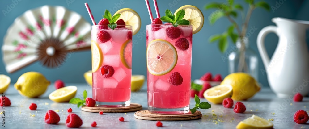 Poster spring or summer berry and lemon refreshment, raspberry lemonade cocktail or mocktail