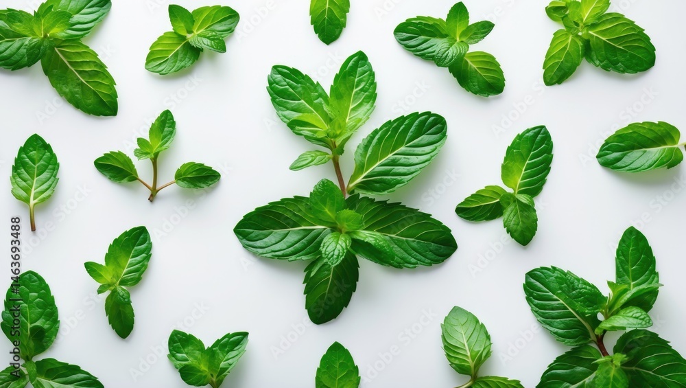 Poster top view of isolated mint leaves displaying fresh green foliage and stems on a white background with
