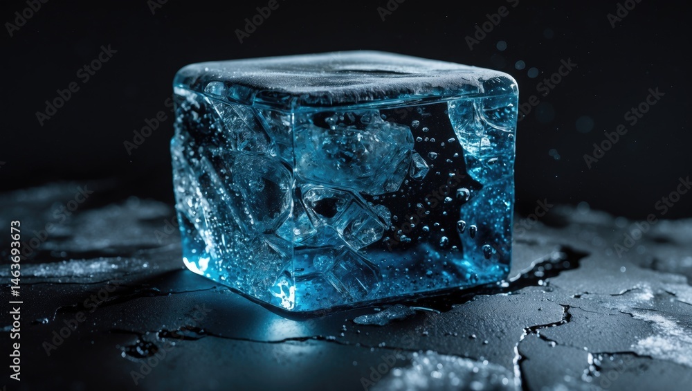 Poster frosted ice block surface showcasing texture and cracks in a dark blue color scheme.