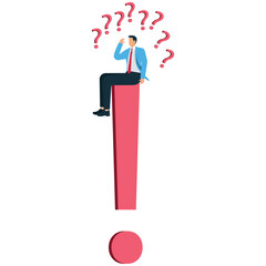 Confused businessman surrounded by question marks, problems and issues in business or career, negative emotions or mental health