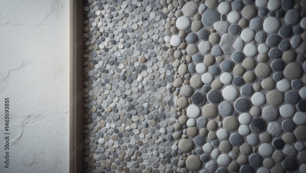 Poster detailed view of a contemporary wall adorned with circular mosaic tiles in subtle shades, framed by 