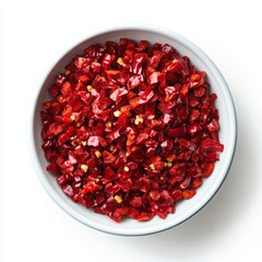 Chopped chili peppers in bowl isolated on white background. for culinary, spice, and ingredient use.