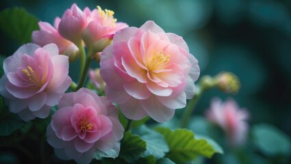 Obraz premium Detailed view of blooming begonia flowers with delicate petals and gentle color transitions, framed by green leaves in a lush, natural environment.