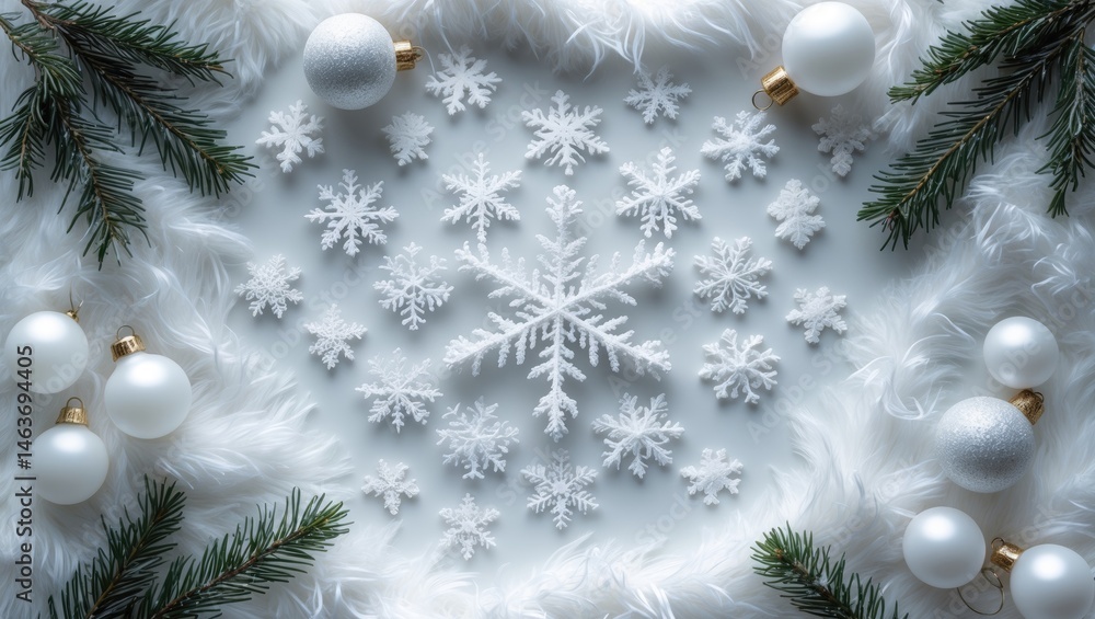 Poster festive winter composition featuring snowflake elements on a white background, flat lay, top view wi