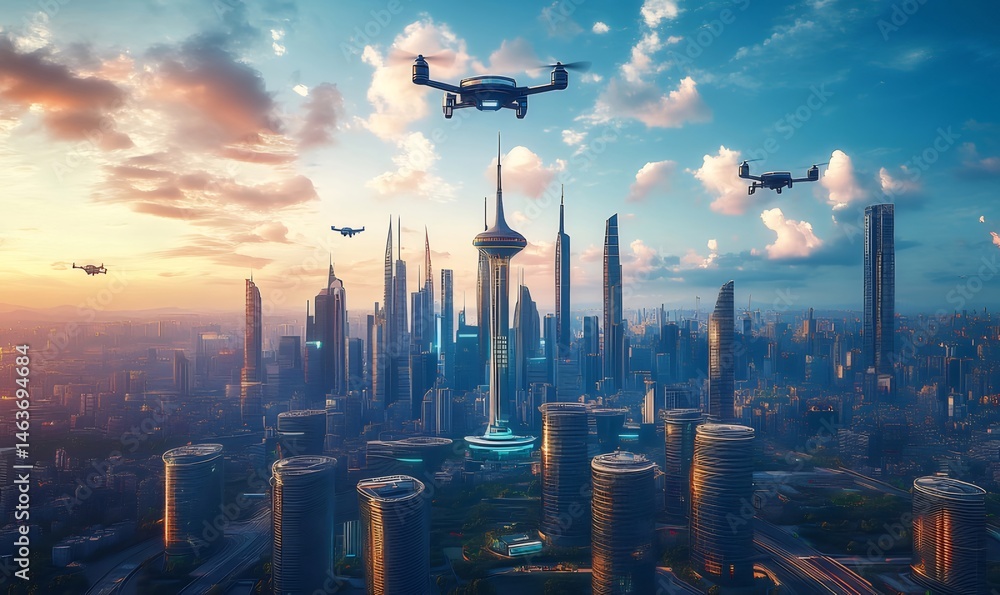 Aufkleber ドローンが空を舞う未来都市の壮大な風景 空撮による高層ビル群と夕焼け空のパノラマ 光溢れる都市景観を捉えた航空写真