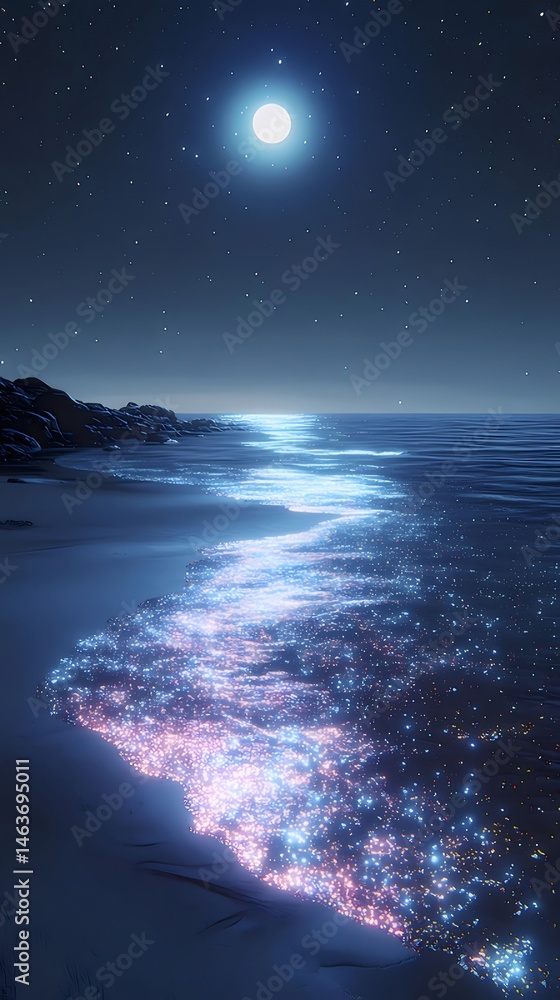 Poster 星空の下の青い海のピクセルアートと明るい月の光が輝く夜のビーチ