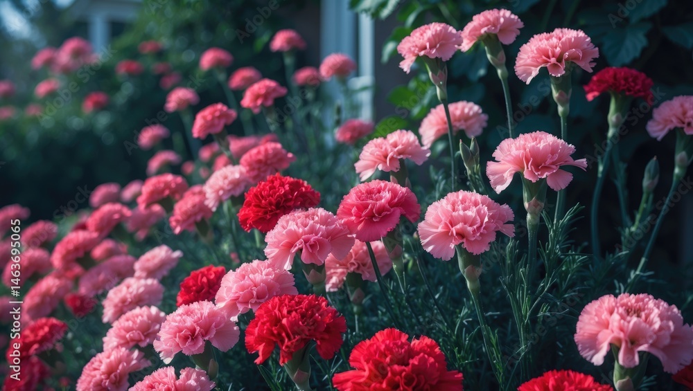Poster a collection of tiny carnations in full bloom close to a house background.