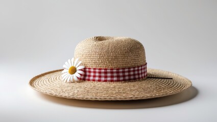 Daisy-adorned straw hat on plain background