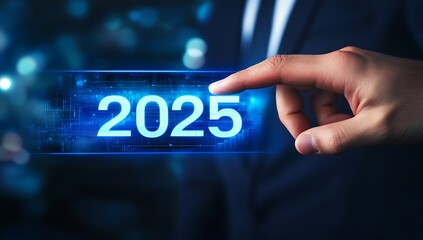 Futuristic concept illustrating the year 2025 with a hand touching a digital interface