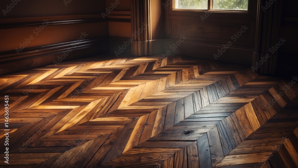 Poster chevron parquet flooring design illuminated by window light in a textured wooden surface