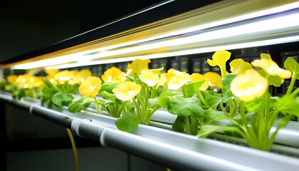 Yellow Flowers Growing Under Bright LED Grow Lights in Hydroponic System