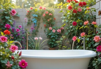Fototapeta premium Bathtub Surrounded by Colorful Flowers in Outdoor Garden Setting