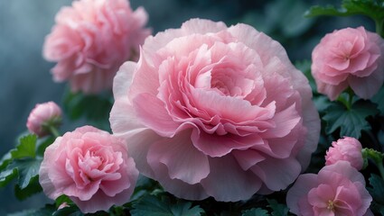 Obraz premium Vibrant Pink Begonia Blooms Featuring Ruffled Petals and Natural Garden Beauty