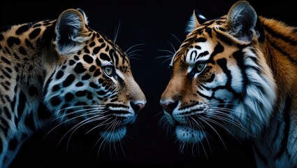 Intimate shot of a fierce big cat with spotted pattern against a dark backdrop