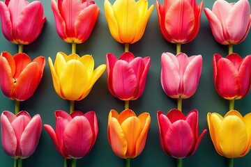 Fototapeta premium Bold stylized tulips arranged in a square grid, repeat, minimal