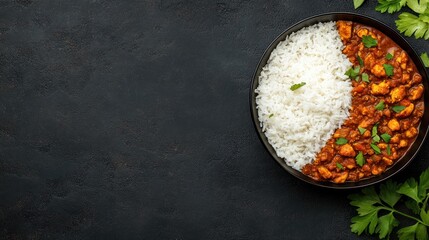 Vibrant red curry with fluffy white rice overhead view food photography