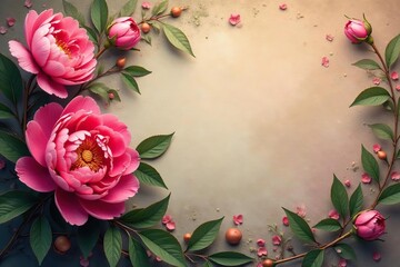 Fototapeta premium Bold peonies & leafy vines, earthy color palette, textile, leaves