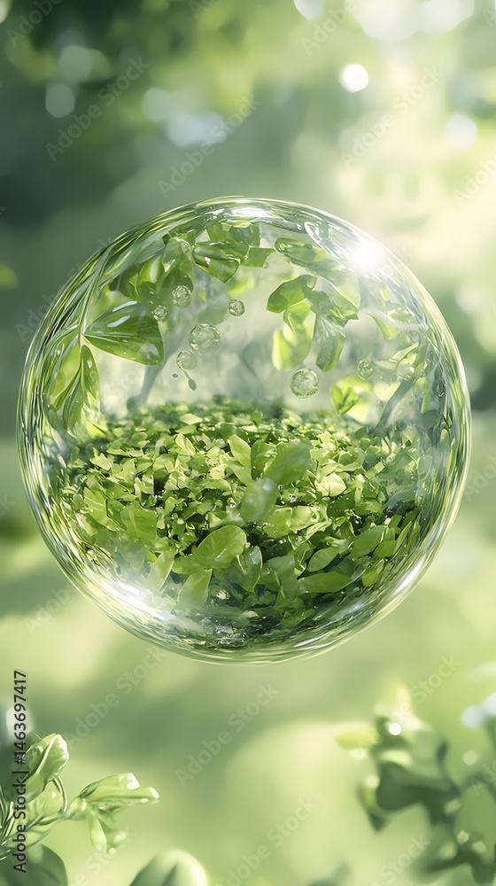 Poster 緑の葉に満たされた透明な球体のマクロ画像 鮮やかな背景で生態系の生命と静けさを捉え 環境と自然を表現